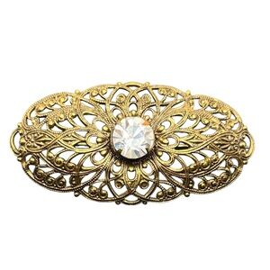 Sadie Green Victorian revival gold tone filigree brooch pin clear rhinestone